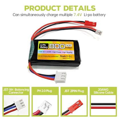 sea jump 2PCS 7.4V 800mAh 2S 50C Li-Po Battery with JST and PH2.0 Plug for SCX24 RC Car,Compatible with Most 1/10,1/16,1/18,1/24 Ratio Toy Cars, Trucks, and 4-Axis Aircraft