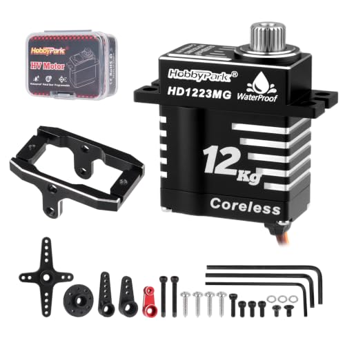 HobbyPark Waterproof for TRX4M Servo 12kg High Torque Servo Aluminum Shell Coreless Motor with Servo Mount Bracket and Arm Set Metal Gear Digital Servo Steering Servo 1/18 Crawler Car Upgrades Parts
