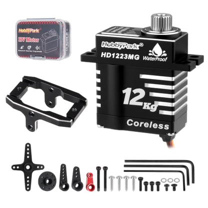 HobbyPark Waterproof for TRX4M Servo 12kg High Torque Servo Aluminum Shell Coreless Motor with Servo Mount Bracket and Arm Set Metal Gear Digital Servo Steering Servo 1/18 Crawler Car Upgrades Parts