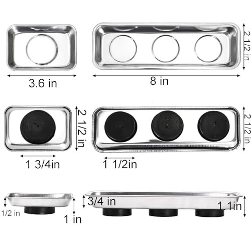 Okllen Set of 6 Small Magnetic Parts Trays, Stainless Steel Magnetic Tray Set for Mechanic's, Extra Strong Magnetic Tool Trays Holder for Socket Screw Nuts Bolts Metal Parts, 8"x2.5"/3.6"x2.5"