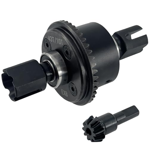 43T Steel Differential Ring Gear & 10T Pinion Gear Upgrade for 1/7–1/8 RC Cars, Hardened Steel Diff Assembly with Reinforced Output Shafts (Black)