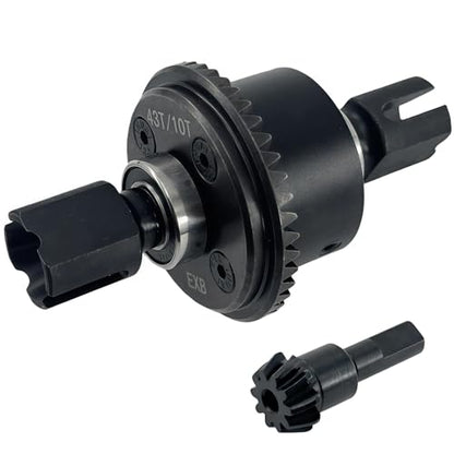 43T Steel Differential Ring Gear & 10T Pinion Gear Upgrade for 1/7–1/8 RC Cars, Hardened Steel Diff Assembly with Reinforced Output Shafts (Black)