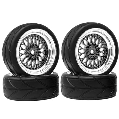 4PCS 64mm RC On Road Rubber Tires and Plastic Plating Wheel Rims Set Replacement Part for 1/10 RC Run-flating Touring Racing Drift Car Tyre(Black Silver,Offset:3mm) - color: Black/Silver, size: Offset:3mm