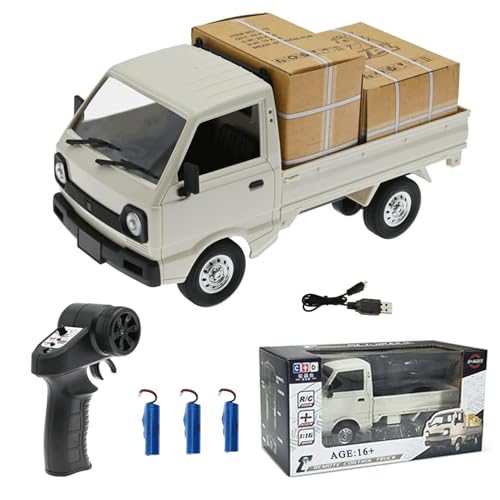 WPL D12 Mini RC Truck for Adults, 1/16 Scale 20km/h 2.4G 4CH Remote Control Crawler High-Speed Climbing Truck with LED Lights Cargo Drift Car - RTR / 3 Batteries - style: 3 Batteries