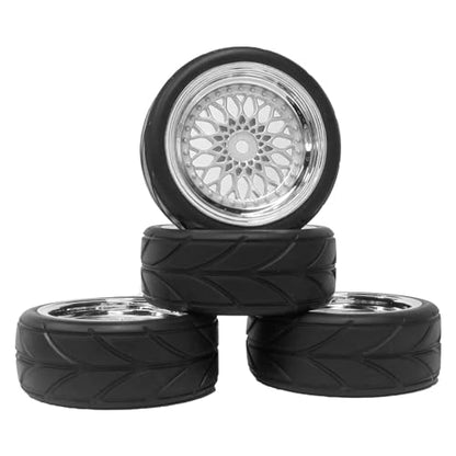 4PCS 64mm Rubber Tires and Plastic Wheel Rims Set 12mm Hex Replacement Part for Sakura Tamiya TT02 HPI HSP Kyosho 1/10 RC On Road Run-flating Touring Racing Car Tyre(Silver,Offset:6MM) - color: Silver, size: Offset:6mm