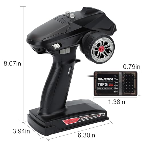 INJORA RC Transmitter 2.4GHz 6CH Controler and Receiver with Gyro Remote Inside Receiver for 1/8 1/10 RC Car Boat Tanks Crawler TRX4 SCX10 Upgrade Parts(T6FG) - size: with Gyro