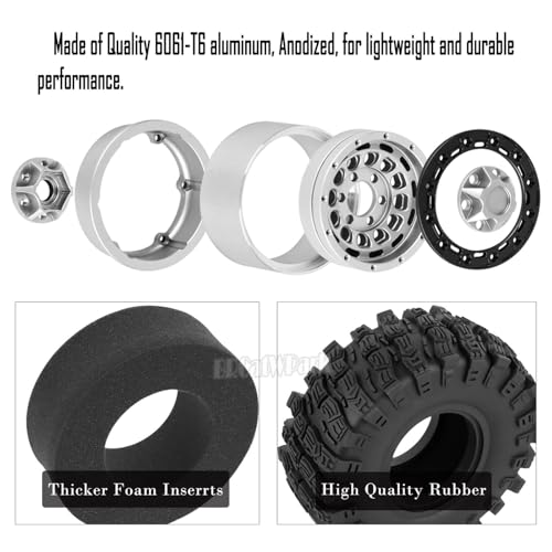 RC 1.9 Beadlock Rims & Wheels Tires w/Adjustable Offset for 1/10 SCX10 TRX4 TRX6 Gen7/8 D90 VS4-10 MST CFX RC Crawler Car,BRCatWPark 4pcs Aluminum Double Rims and Rubber Tires w/Sponge,Silver - color: Silver - (Adjustable Tires)