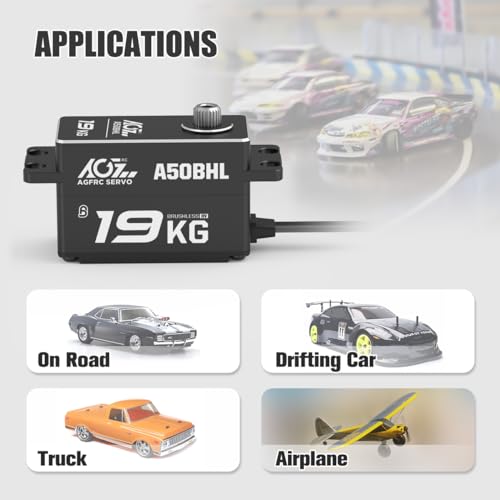 AGFRC 19KG 0.073Sec Low-Profile Servo for 1/10 RC Drift Car (A50BHL) | Brushless Motor, Full Metal Gear, 8.4V HV, 25T Metal Horn, Programmable, High Speed Servo for Crawler/Touring Car
