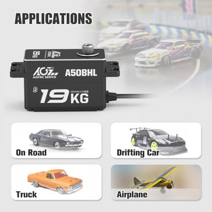 AGFRC 19KG 0.073Sec Low-Profile Servo for 1/10 RC Drift Car (A50BHL) | Brushless Motor, Full Metal Gear, 8.4V HV, 25T Metal Horn, Programmable, High Speed Servo for Crawler/Touring Car
