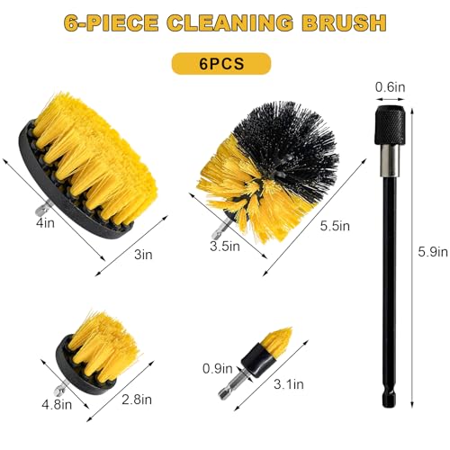 6PCS Drill Brush Attachment Set, 1/4in Power Scrubber Cleaning Brushes with Extended Rod, All Purpose Drill Activated Brushes Cleaning Kit for Car Detailing Carpet Floor Tub
