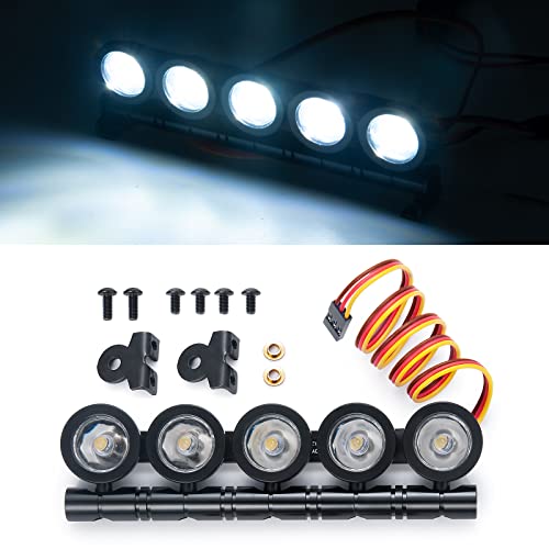 RC Car LED Lights Roof Light Bar Kit Headlight Spotlight 5 LEDs Body Shell Roof Lights for 1/10 TRX4 D90 SCX10 90046 CC01 Wraith RC Rock Crawler Car Upgrades (White) - color: White