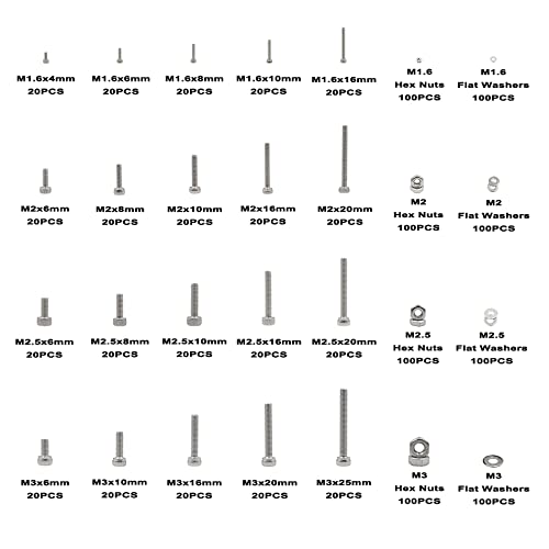 1200PCS M1.6 M2 M2.5 M3 Stainless Steel Hex Socket Head Cap Screws Nuts Flat Washers Assortment Kit - size: M1.6M2M2.5M3