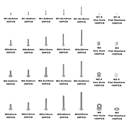 1200PCS M1.6 M2 M2.5 M3 Stainless Steel Hex Socket Head Cap Screws Nuts Flat Washers Assortment Kit - size: M1.6M2M2.5M3