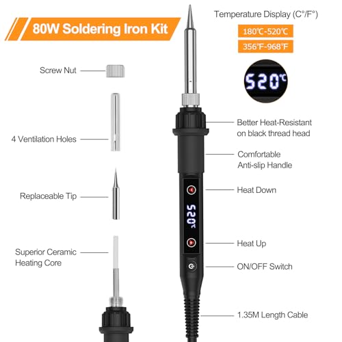 Soldering Iron Kit 80W LED Soldering Gun Adjustable Temp 356-968℉ | 15s Fast Heating Electronics Precision Repair Welding Tools with 50g Solder Wire, 5 Tips, Desoldering Pump, Stand, Tweezers