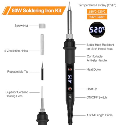 Soldering Iron Kit 80W LED Soldering Gun Adjustable Temp 356-968℉ | 15s Fast Heating Electronics Precision Repair Welding Tools with 50g Solder Wire, 5 Tips, Desoldering Pump, Stand, Tweezers