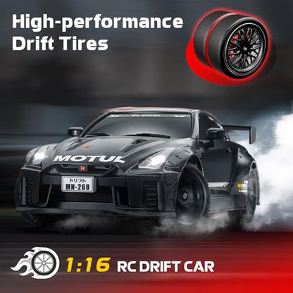 1/16 Scale RC Drift Car, MN-268 RWD Mini RC Vehicles Model with Gyro, Spare Tires & LED Lights for Adults Hobby Toy Gifts (Black) - color: Black