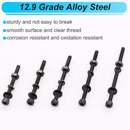 220PCS Black M4 Hex Socket Head Cap Screws, M4 x 30/35/40/45/50mm Metric Screws Bolts Nuts Washers Assortment Kit, 12.9 Grade Alloy Steel - size: M4 x 30/35/40/45/50mm, style: Socket Head