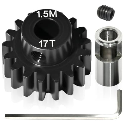 M1.5 17T Pinion Gear 8mm Bore with 8mm to 5mm Shaft Adapter Sleeve, Chromium Steel Motor Gear with Set Screw & Hex Key for Traxxas ARRMA Losi 1/5 1/8 RC Cars - size: 17T