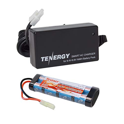 Tenergy Airsoft Battery 9.6V 1600mAh NiMH Flat Battery Pack and Charger w/Mini Tamiya Connector Compatible with MP5, Scar, M249, M240B, M60, G36, M14, RPK, PKM