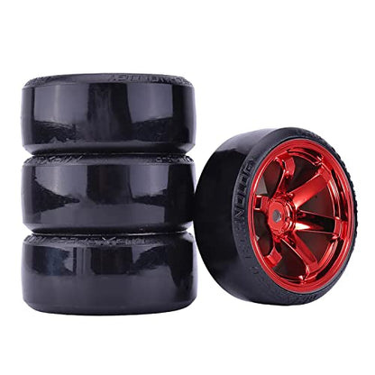 4Pcs 63mm RC Drift Car Tires Hard Tyres Plastic Wheel Rims for 1/10 On-Road Drifting Car for HSP Tamiya HPI Kyosho Spare Parts(Red) - color: Red