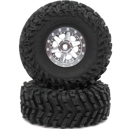 64mm 1.0 Tires F/R Mounted 1.0 beadlock Wheels Silver Rims Hex 7mm Negative Offsets 1.0 Wheels Tires for RC Mud Crawler 1/24 SCX24 FCX24 AX24 1/18 TRX4M