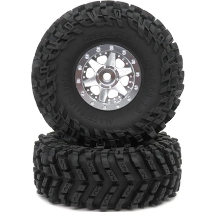 64mm 1.0 Tires F/R Mounted 1.0 beadlock Wheels Silver Rims Hex 7mm Negative Offsets 1.0 Wheels Tires for RC Mud Crawler 1/24 SCX24 FCX24 AX24 1/18 TRX4M