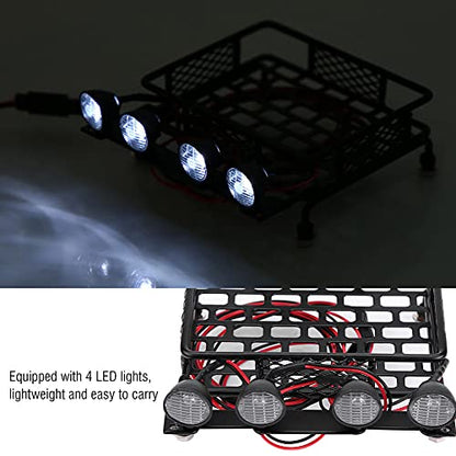 Small Size Roof Rack Luggage Carrier with 4 LED Lights, Lightweight, Compatible with Axial SCX10 1/10 RC Crawler Car (4 White) 1/10 Rc Roof Rack