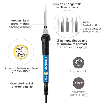 Soldering Iron Kit, 60W Soldering Iron Adjustable Temperature 30-in-1, 5 Solder Tips, Digital Multimeter, Solder Wire, Paste, Desoldering Pump, Tweezers for Electronics Hobby Enthusiast 120V US Plug