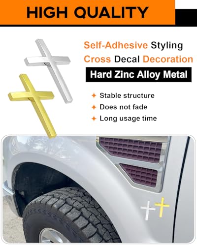 2PCS Metal Jesus Cross Car Emblem, 2.5"×1.8" 3D Silver Alloy Religious Jesus Christ Cross Badge Stickers, Self-Adhesive Automotive Christian Decals for Car Body, Tailgate, Window(Silver+Gold) - color: Silver+Golden