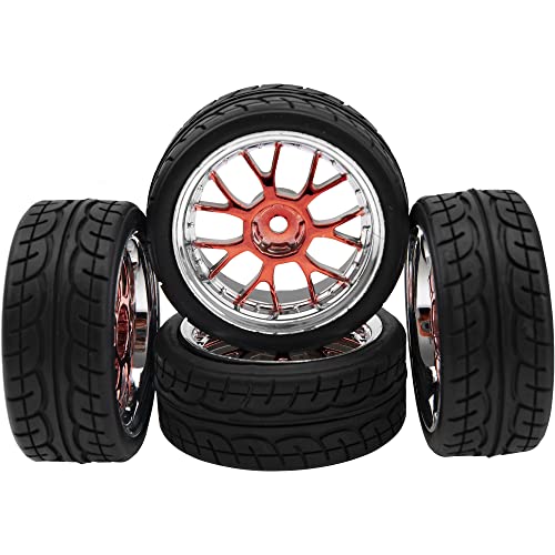 4Pack HIRCQOO 12mm Hex Plastic Wheel Rims & 2.59" Rubber Tires Set w/Foam Compatible with Traxxas Kyosho HPI Tamiya TT-01 TT-02 Sakura HSP 1/10 RC On-Road Touring Car (Red) - color: Red
