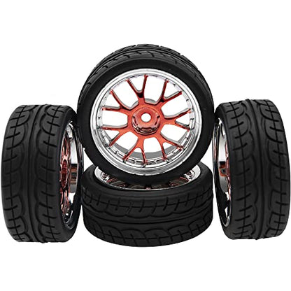 4Pack HIRCQOO 12mm Hex Plastic Wheel Rims & 2.59" Rubber Tires Set w/Foam Compatible with Traxxas Kyosho HPI Tamiya TT-01 TT-02 Sakura HSP 1/10 RC On-Road Touring Car (Red) - color: Red