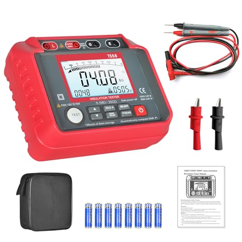 AIOMEST Megohmmeter 0.1MΩ-20GΩ Digital Insulation Resistance Tester with 50V/100V/250V/500V/1000V Output Voltage, Data Logging, 10V~600V AC/DC Voltmeter Megohm Meter w/Test Lead & Zipper Bag - color: red