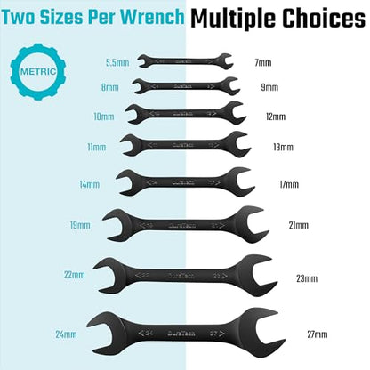 DURATECH Super-Thin Open End Wrench Set, 8-Piece, Metric | Slim Wrench set, 5.5, 7, 8, 9, 10, 11, 12, 13, 14, 17, 19, 21, 22, 23, 24, 27 mm, Black Electrocoat, Rolling Pouch - color: Black, size: Metric