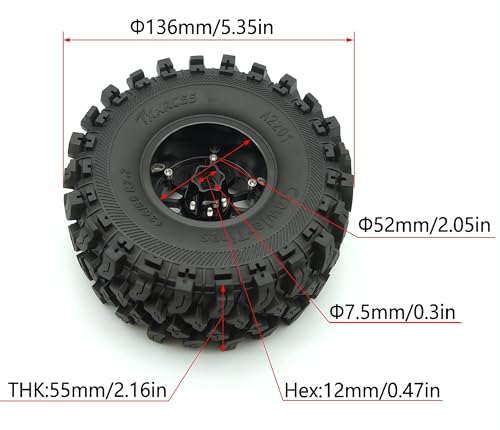 348g Weighted RC 2.2 Beadlock Wheels & Tire Set (4-Piece) Upgrades Accessories Rims for 1/10 SCX10 Wheels TRX4RC4WD and D90 RC Crawler Axial Remote Control Car 4pcs (Black) - color: Black