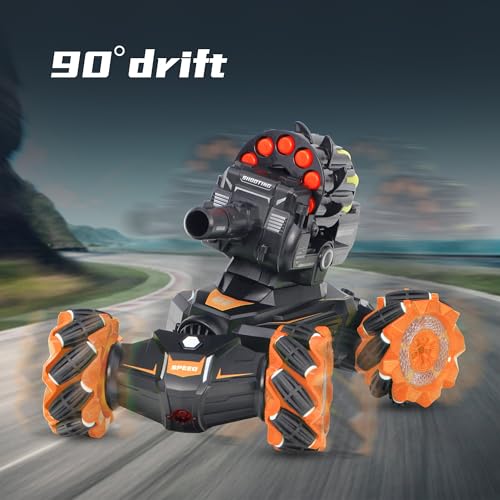 Rc Car Shoot SoftBullet,Fits for Nerf, Remote Control Hand Gesture Stunt Drift Truck, 360°Rotating Battle Tanks with Soft Bullets Water Bomb, Spray, Music, Led, Toy Gifts（Orange） - color: Orange