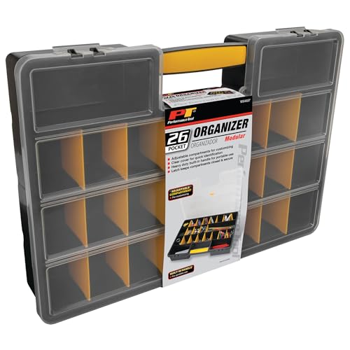 Performance Tool W54037 26 Adjustable Compartment Hardware Organizer Box With Dividers - Durable Plastic Screw Organizer For Nuts, Bolts, Screws, Nails, and Small Hardware