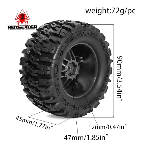 REDSPIDER 1/14 RC Monster Truck Wheel Rim Tires (4pcs) Hex 12mm OD 3.54'' for 1/12 1/14 1/16 RC Off Road Monster Truck TRX E-REVO Summit HPI SAVAGEGT-2XS REDCAT Volcano-16 (Black) - color: Black