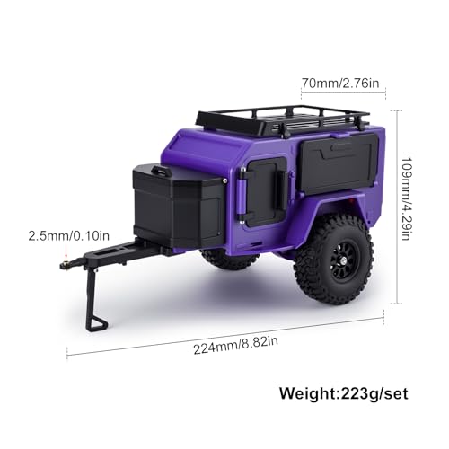 RC Off-Road Camping Trailer for 1/18 1/24 TRX4M SCX24 RC Crawler | Durable ABS mini camping trailer pre-drilled LED mounting holes, highly realistic scale design - color: Black Purple