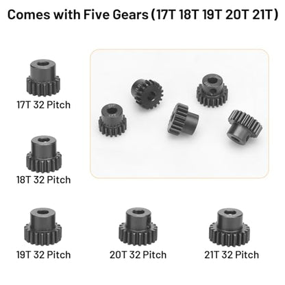 32P 5mm Pinion Motor Gear Sets, daitoku 5PCS RC Pinion Gears 17T 18T 19T 20T 21T for HPI Kyosho Losi Axial Tamiya 1/8 1/10 RC Car - size: 32P 17T 18T 19T 20T 21T