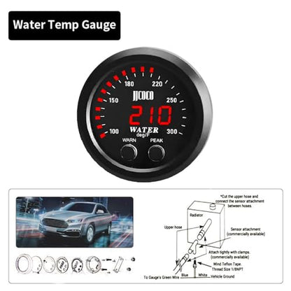 Universal 52mm Water Temperature Gauge with Alarm and 1/8 Npt Sensor Car Digital Meter Red Display Temp 100-300F(-17~187C) - color: Red, size: Joint Pipe: None