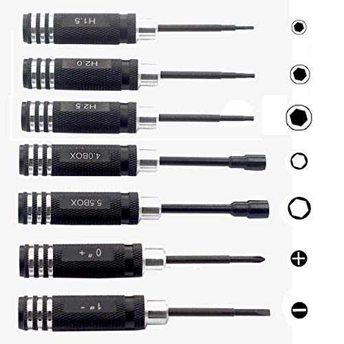 7PCS Hex Screw Driver Set - H1.5, 2.0, 2.5mm Hex, 4.0, 5.5mm Spanner, 0#, 1# Slot Screwdriver Kit for RC Helicopter, Airplane, Robotics, Car