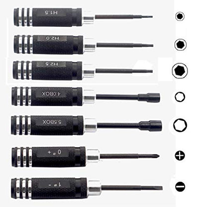 7PCS Hex Screw Driver Set - H1.5, 2.0, 2.5mm Hex, 4.0, 5.5mm Spanner, 0#, 1# Slot Screwdriver Kit for RC Helicopter, Airplane, Robotics, Car