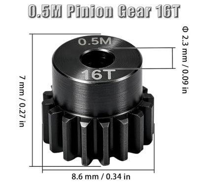 Hardened Steel 0.5M Pinion Gear 16T 2.3mm Shaft for RC Car/Helicopter Upgrade, Compatible with ARRMA 1/14 Typhoon 1/16 Mojave 1/18 Granite, Losi 1/12, 0.5Mod 13T-27T Gear for Brushed Brush-less Motors - size: 16T