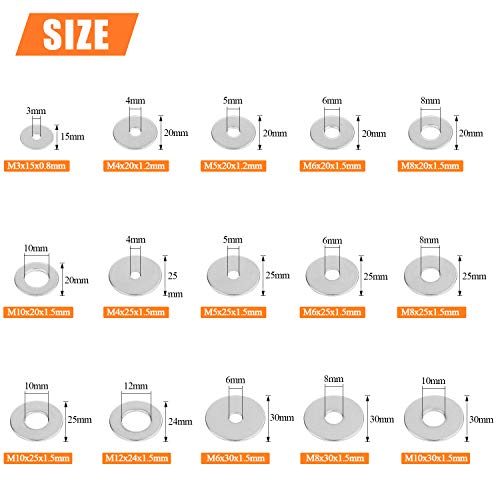 HELIFOUNER 240 Pieces 15 Sizes 304 Stainless Steel Large Fender Washer Assortment Kit (M3 M4 M5 M6 M8 M10 M12) - size: M3-M12