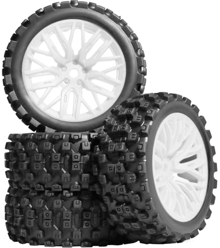 4PCS Pre-Glued RC Crawler Car Rubber Tires and Plastic Wheels Set, 70mm*26mm Tires and Rims with 12mm Hex Fits for ARRMA 1/14 1/16 1/18 Granite/Typhon Grom RC On/Off Road Crawler Truck Car (White) - color: White