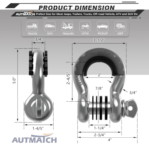 AUTMATCH 3/4" D Ring Shackles (2-Pack) - 41,887 lbs Break Strength | Clevis Shackle with 7/8" Pin & Isolator Washer Kit for Tow Strap, Winch, Towing & Off-Road Vehicle Recovery, Silver - color: Silver