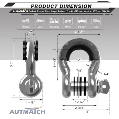 AUTMATCH 3/4" D Ring Shackles (2-Pack) - 41,887 lbs Break Strength | Clevis Shackle with 7/8" Pin & Isolator Washer Kit for Tow Strap, Winch, Towing & Off-Road Vehicle Recovery, Silver - color: Silver