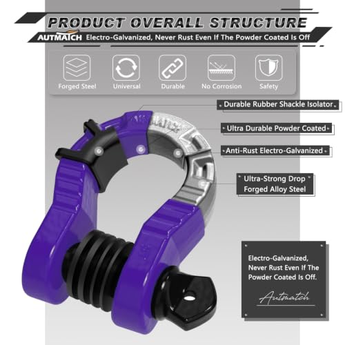 AUTMATCH D Ring Shackles 3/4" Mega Shackle (2 Pack) 68,000Ibs Break Strength - Heavy Duty Clevis Shackles with 7/8" Screw Pin and Isolator Washer for Tow Strap Winch Off Road Vehicle Recovery, Purple - color: Purple & Black