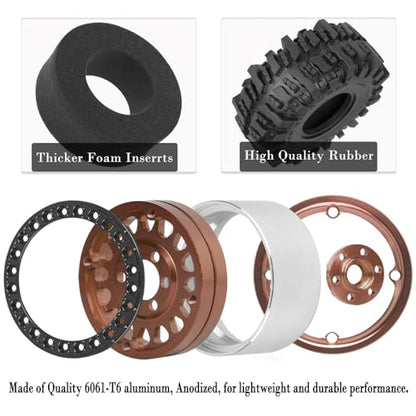 Aluminium RC 1.9" Beadlock Wheels Tires for 1/10 SCX10 90046 AXI03007 TRX4 TRX6 VS4-10 Gen7 Gen8 MST CFX D90 RC Crawler Car,Alloy 1.9 Rims Tires,Bronze - color: Bronze- (Rc 1.9" Tires)