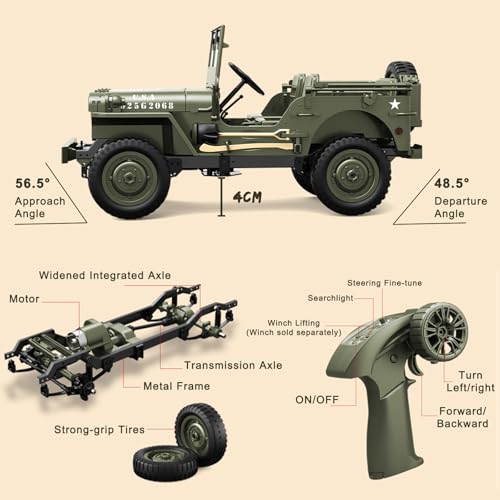 1/10 Willys RC Jeep Toy, 2.4GHz 4x4 Off-Road Crawler | RTR with 2 Batteries, All Terrain Remote Control Truck Vehicle for Kids & Adults - color: C8815-oliver Green
